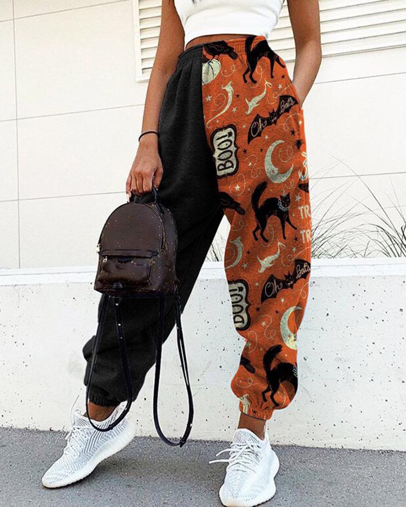 Colorblock & Halloween Graphic Pattern Dual Pocket Joggers For Women-Pinkami
