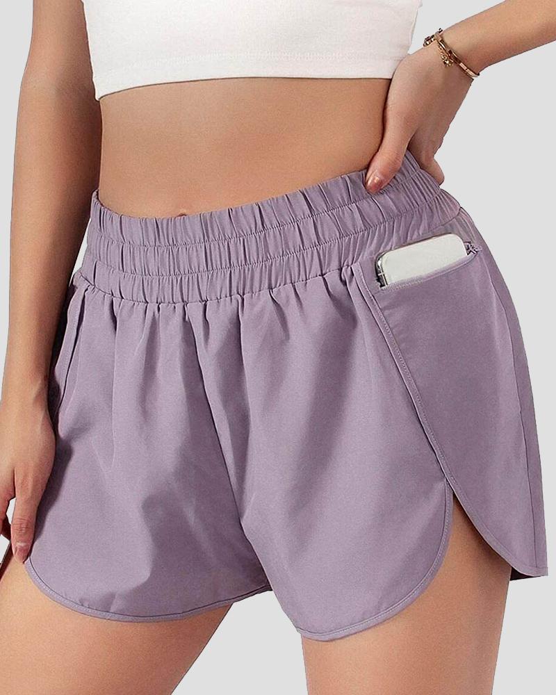 Pocket Decor Overlap Hem High Waist Sports Shorts-Pinkami