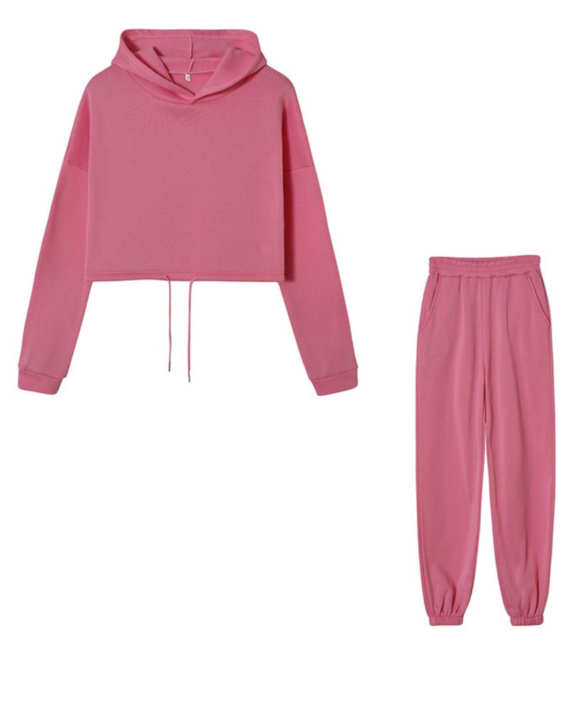 Solid Drawstring Elastic Hem Hooded Top & Pants Set-Pinkami
