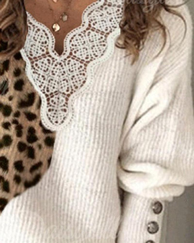 Leopard Print Contrast Lace Button Decor Scallop Trim Sweater-Pinkami