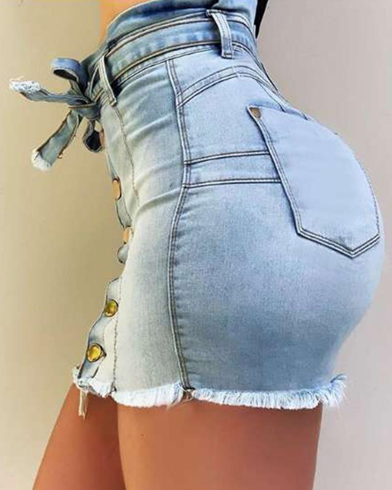 Women Button Front Belt Tie Raw Edge High Waist Denim Skirt-Pinkami