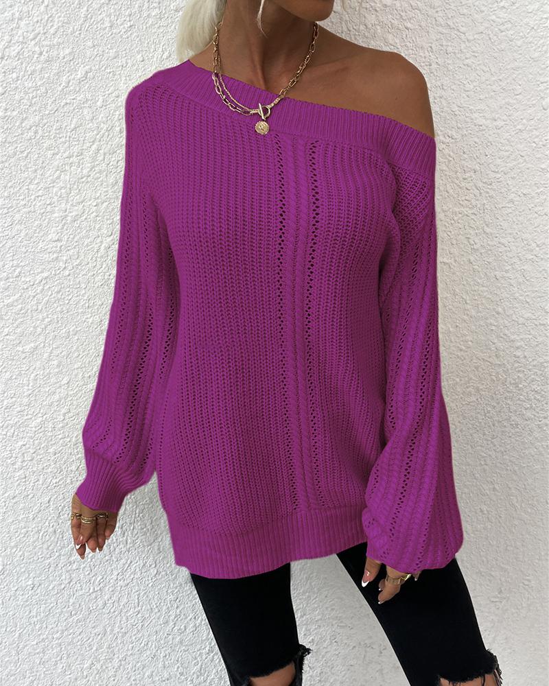 Solid Pointelle Knit Off Shoulder Sweater-Pinkami