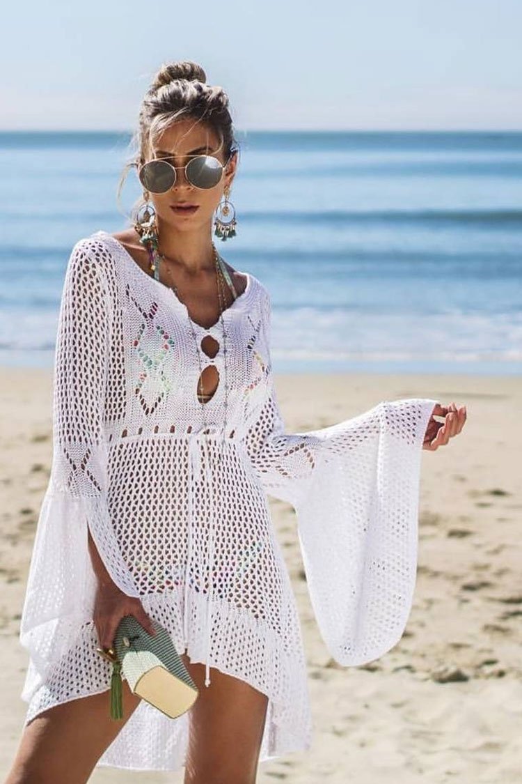 Flare Sleeve Drawstring Crochet Cover Up-Pinkami