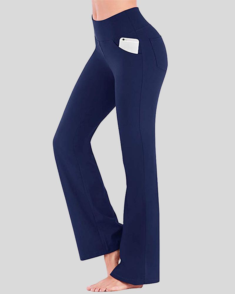 Pocket Detail Flare Leg High Waist Sports Pants For Women-Pinkami