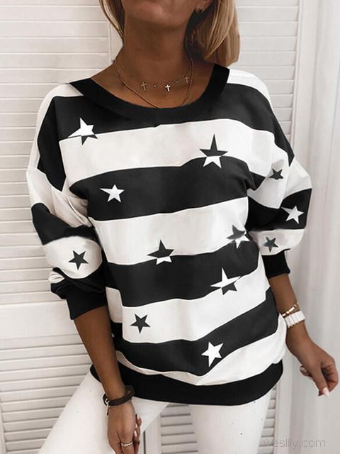 Stripe Star Print Round Neck Sweater-Pinkami