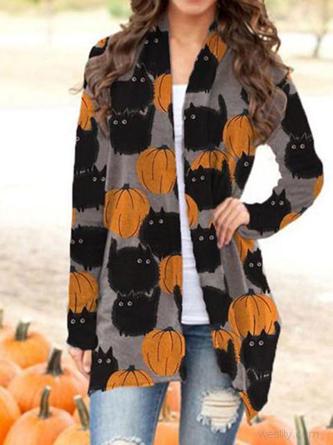 Halloween Pumpkin Pattern Print Cardigan-Pinkami