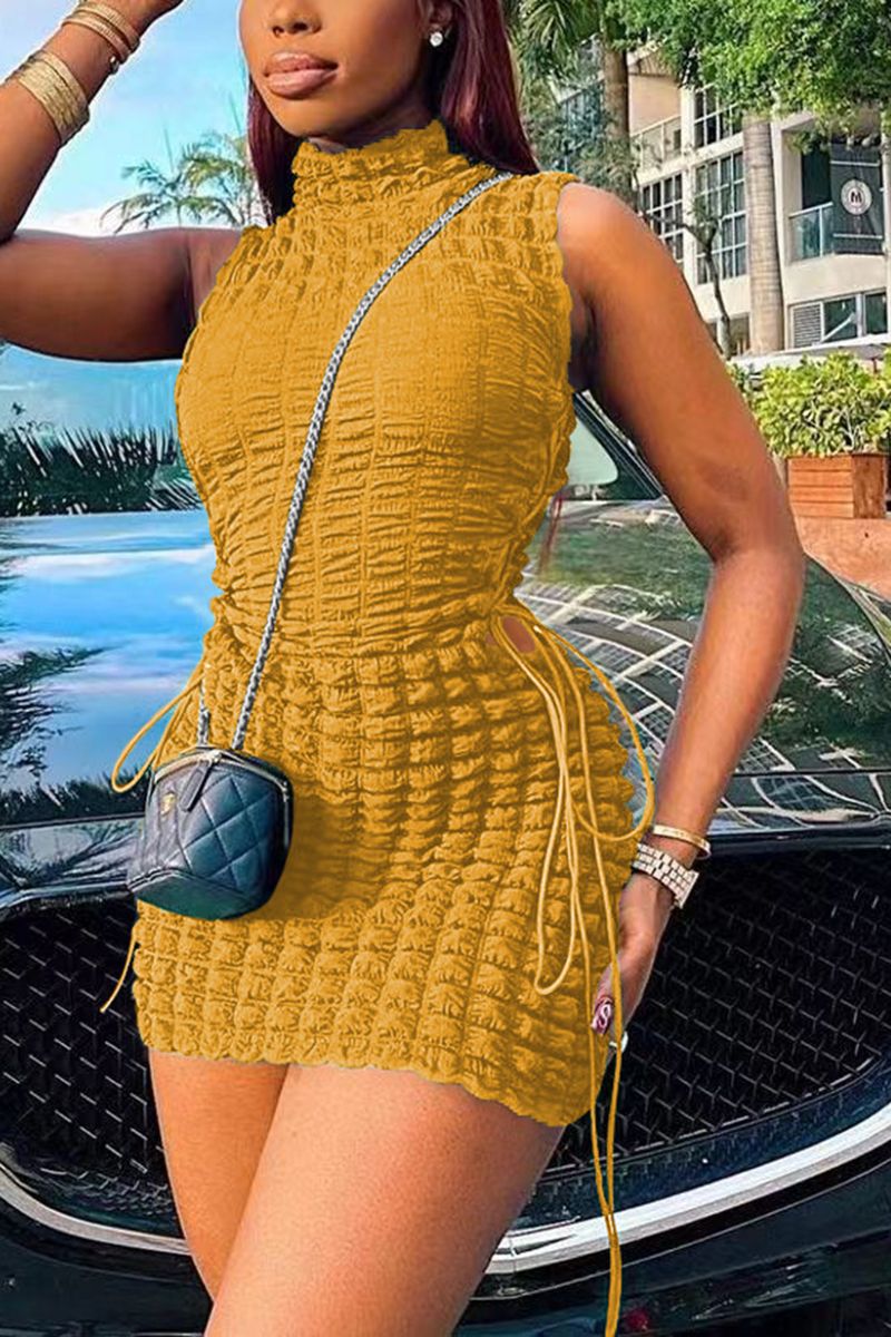 Smocked Lace Up Side Bodycon Dress