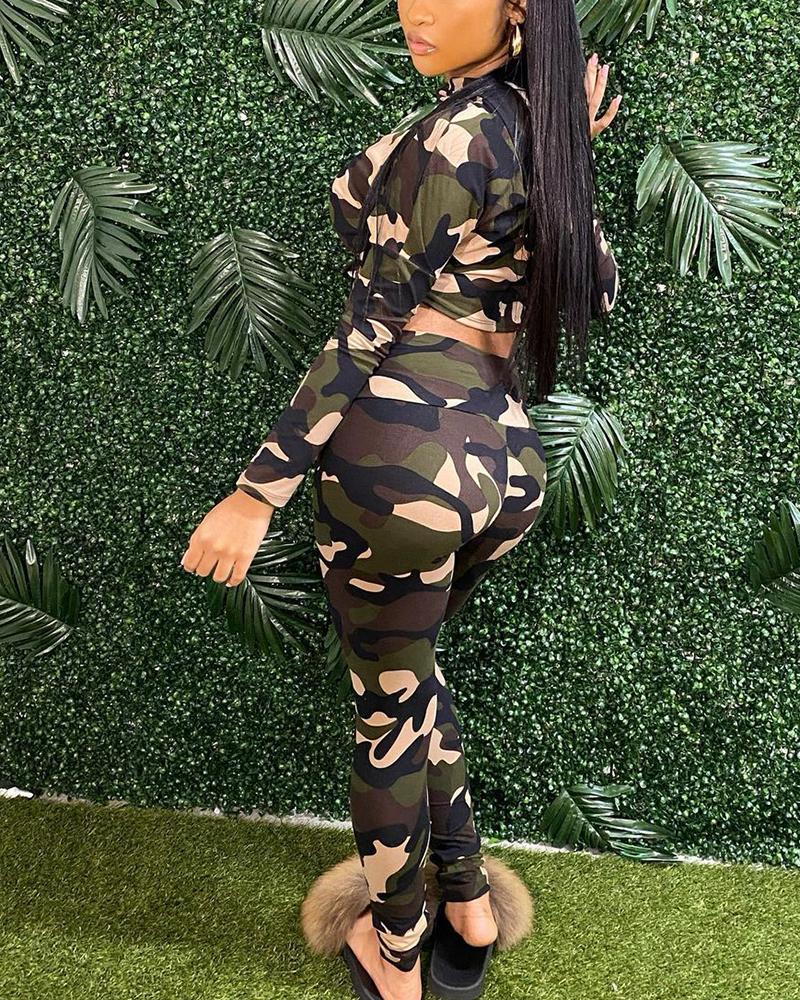 Camo Print Hoodie & Pants Set-Pinkami