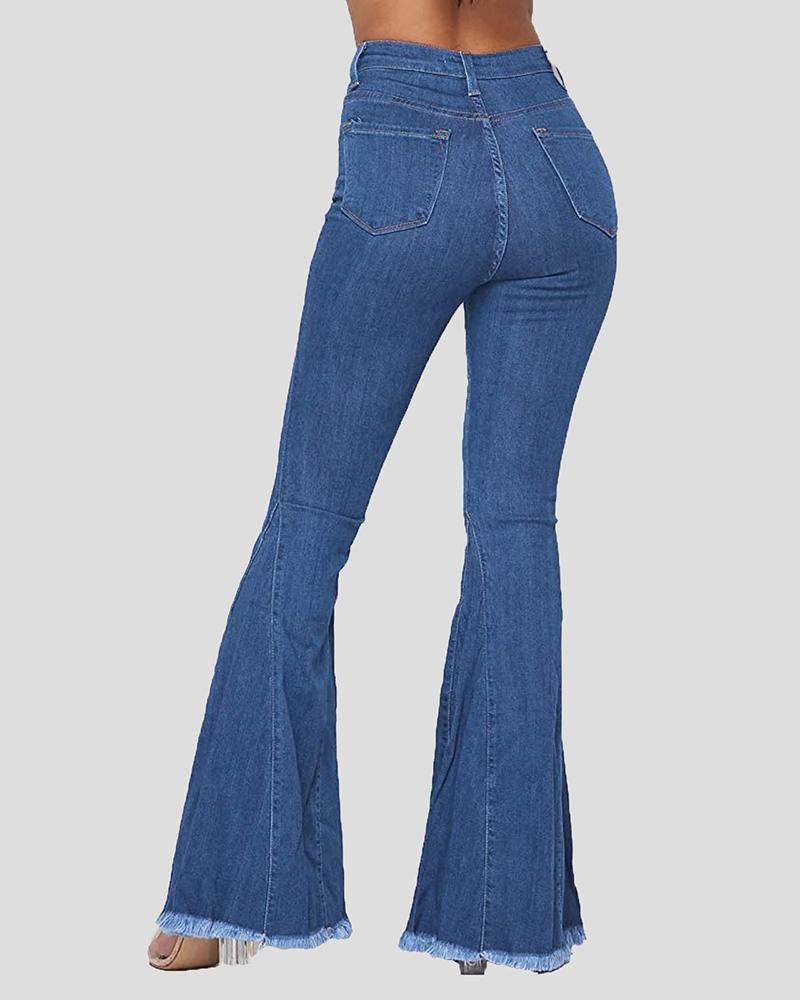 Women Solid Button Up Raw Hem Flare Leg High Waist Jeans-Pinkami