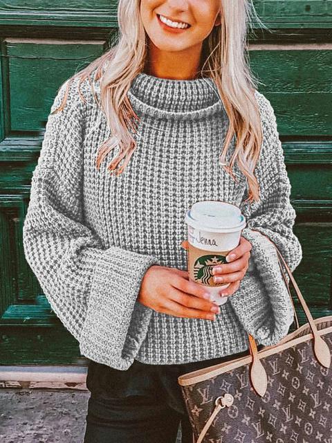 Casual Solid Color Knitted Turtleneck Sweater-Pinkami