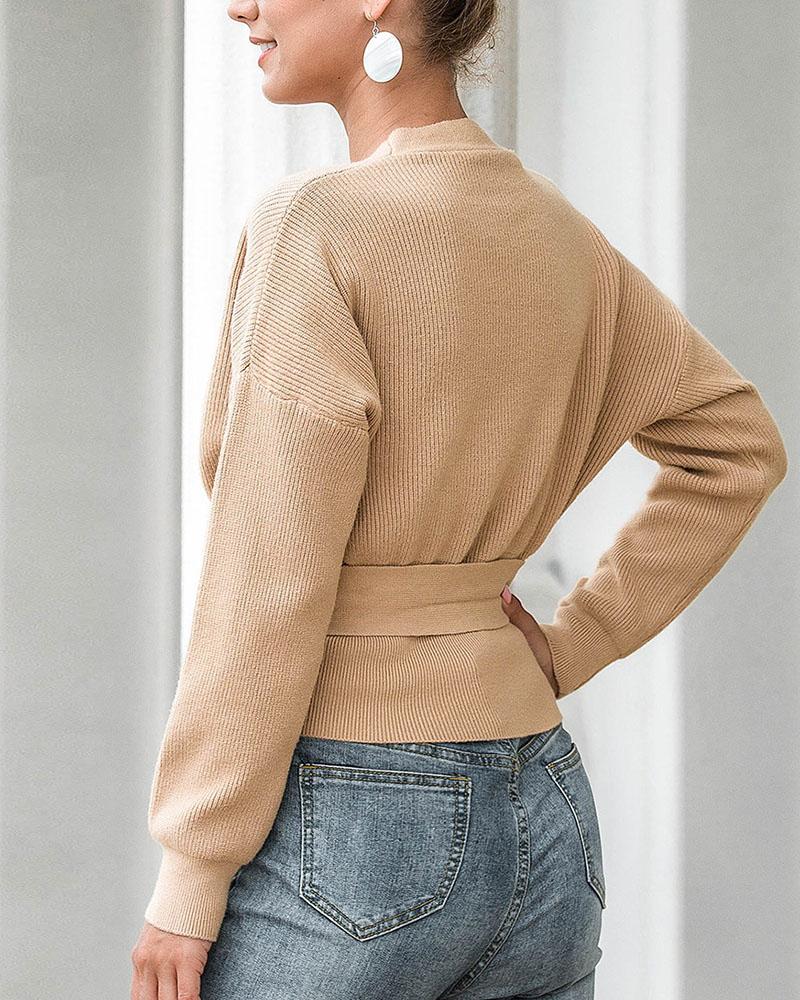 Rib-knit Belted Decor Button Trim Surplice Neck Sweater-Pinkami