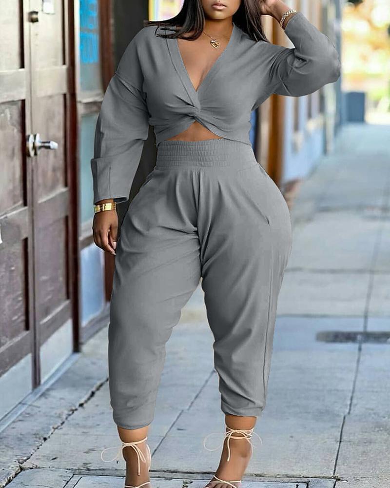 Solid Twist Plunging Neck Crop Top & Pants Set-Pinkami