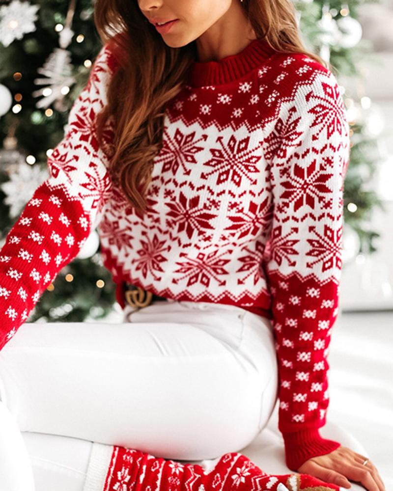 Snowflake Print Rib-Knit Round Neck Sweater-Pinkami