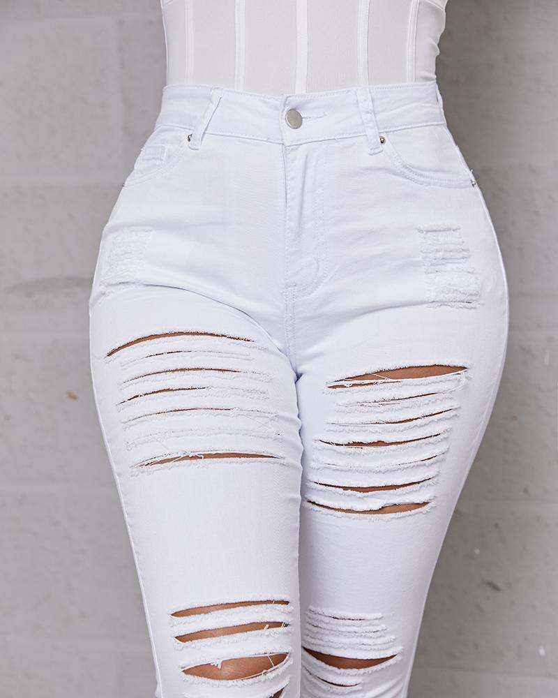 Women Hollow Out Distressed Skinny Jeans-Pinkami