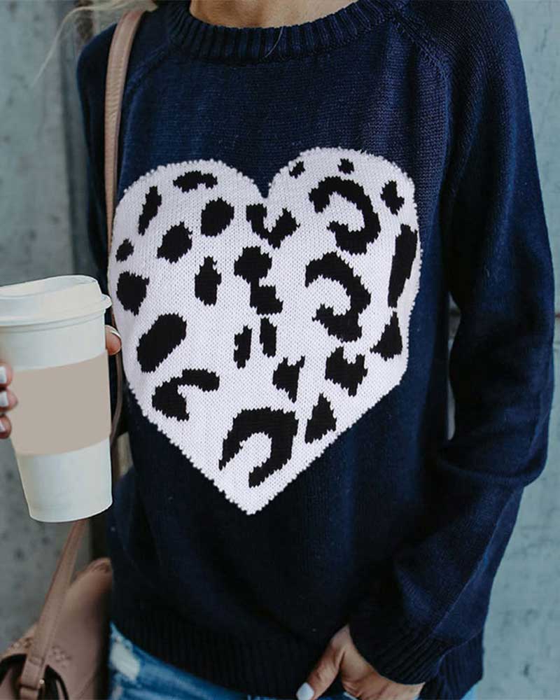 Leopard Heart Pattern Print Rib-Knit Sweater-Pinkami