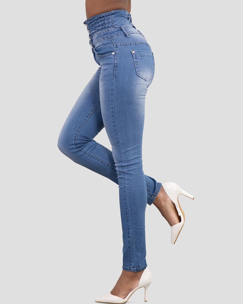 Women Button Front High Waist Skinny Jeans-Pinkami