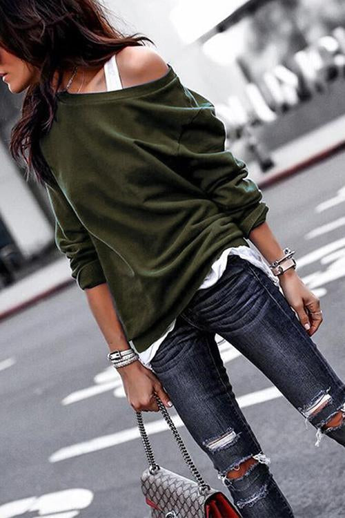 Fashion Long Sleeves One Shoulder T-Shirt-Pinkami