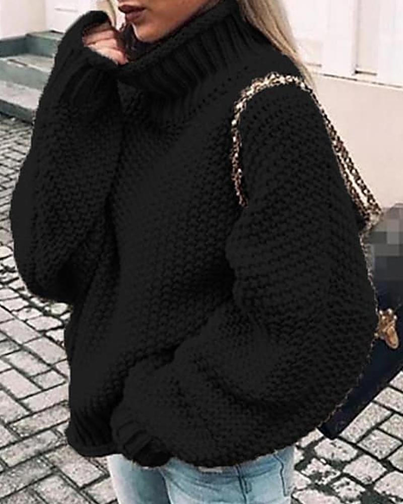 Solid Chunky Knit High Neck Drop Shoulder Sweater-Pinkami
