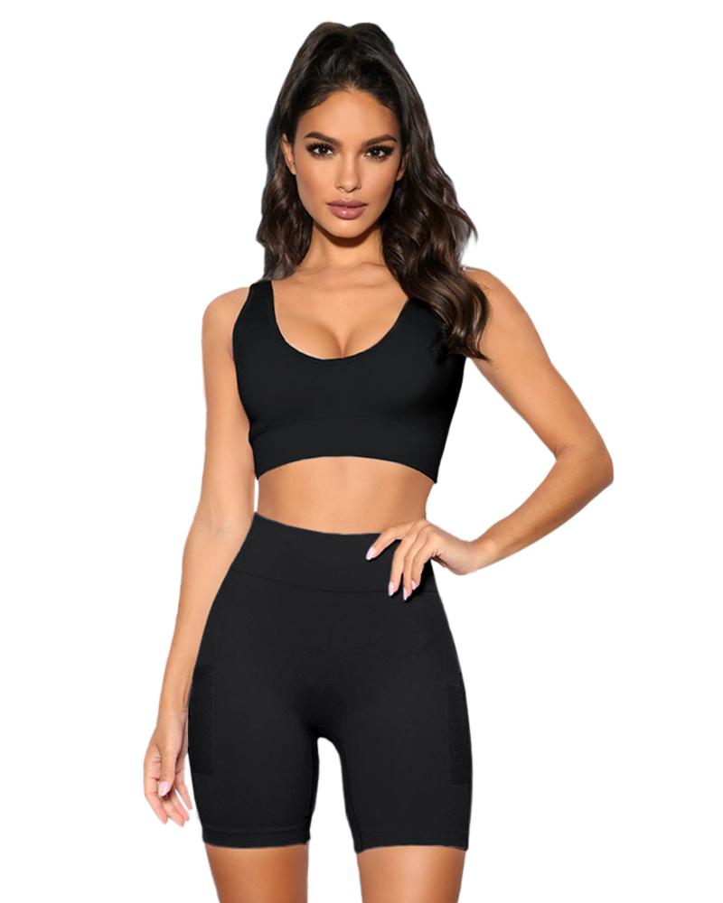 Solid Seamless High Waist Pocket Decor Sports Shorts-Pinkami