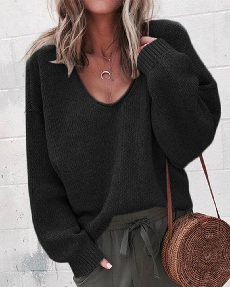 Solid Rib-knit Drop Shoulder Sweater-Pinkami