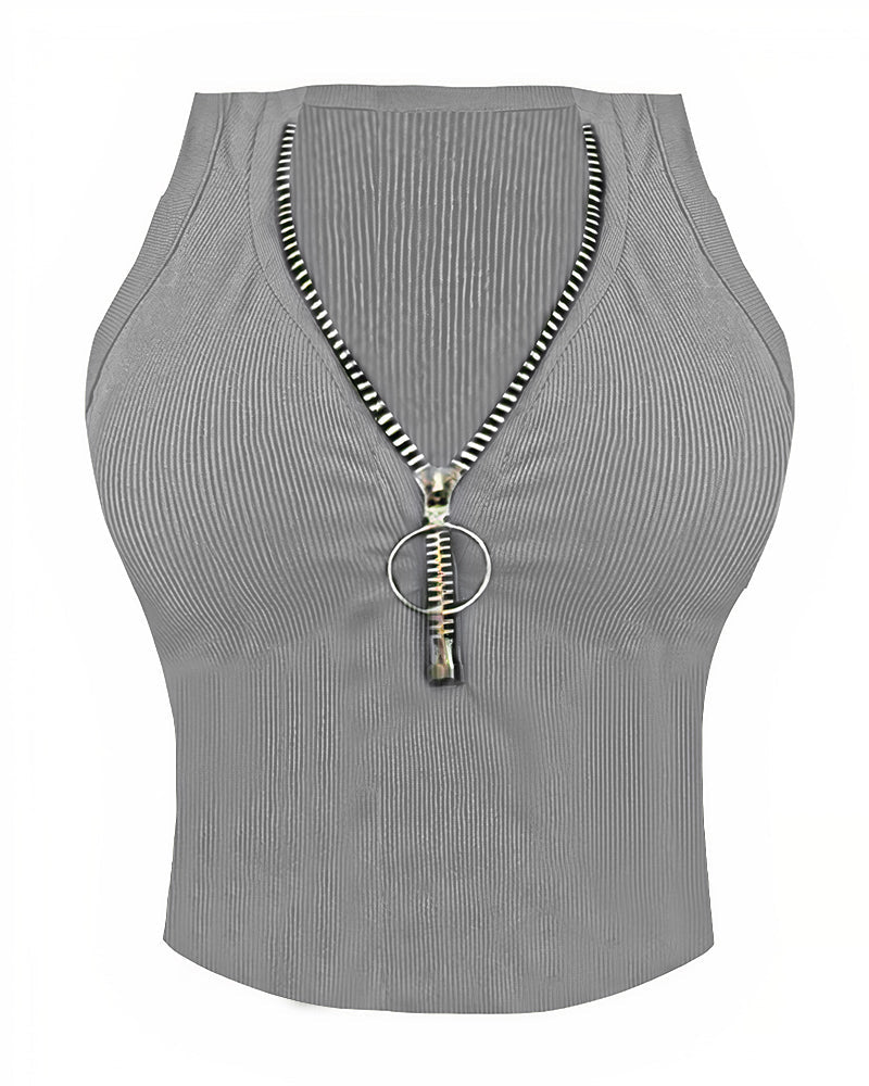 Solid Ribbed Zip Up Tank Top-Pinkami