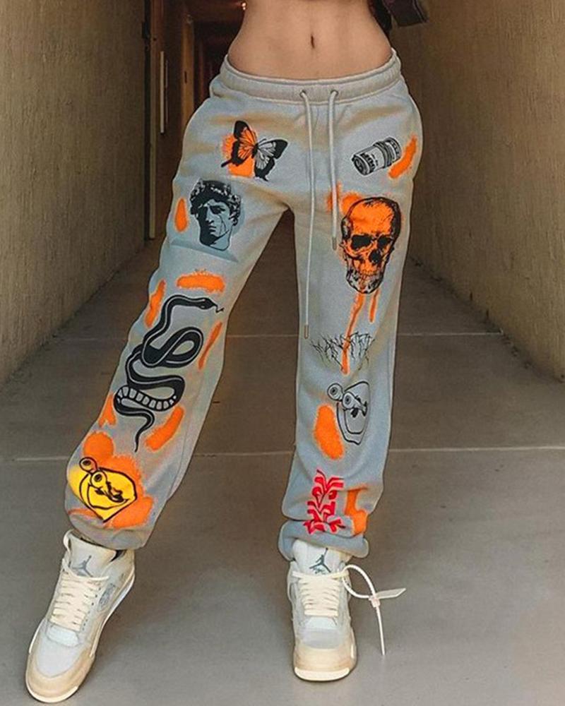 Cartoon Print Drawstring Front Pocket Detail Sports Pants For Women-Pinkami