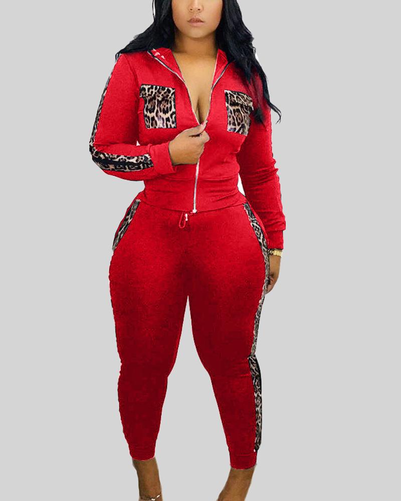 Leopard Print Zip Up Jacket & Pants Set-Pinkami