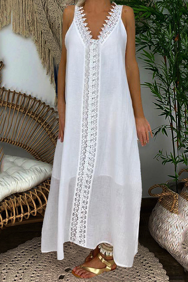 Guipure Lace Trim Split Hem Maxi Dress