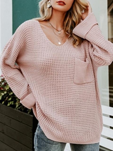 V Neck Loose Solid Sweater-Pinkami