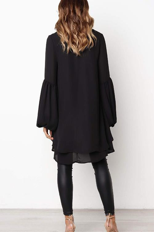 Puff Sleeve Lrregular Hem Solid Color Long Sleeve T-Shirt-Pinkami