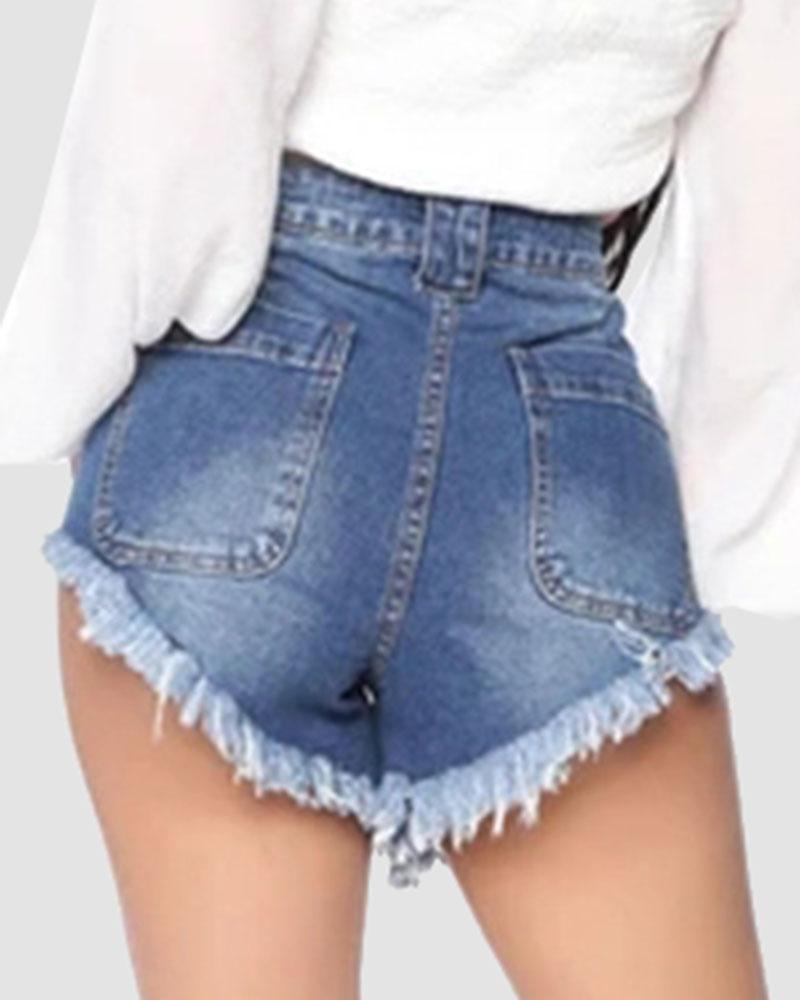 Women Solid Asymmetrical Raw Hem Zip Fly High Waist Demin Shorts-Pinkami