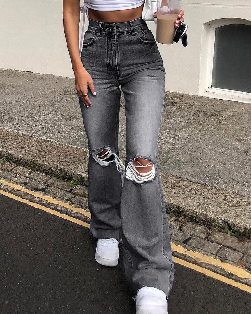 Women Ripped High Waist Flare Jeans-Pinkami