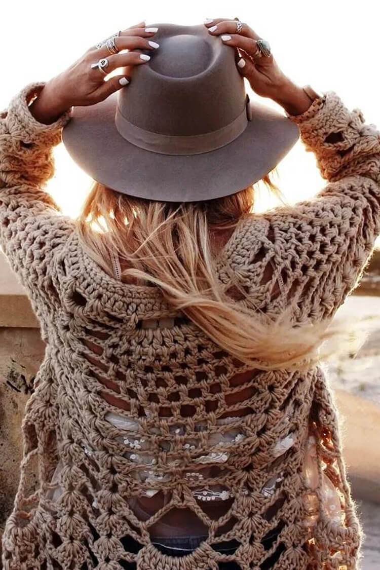 Boho Style Fringe Long Sleeve Crochet Cover Up-Pinkami