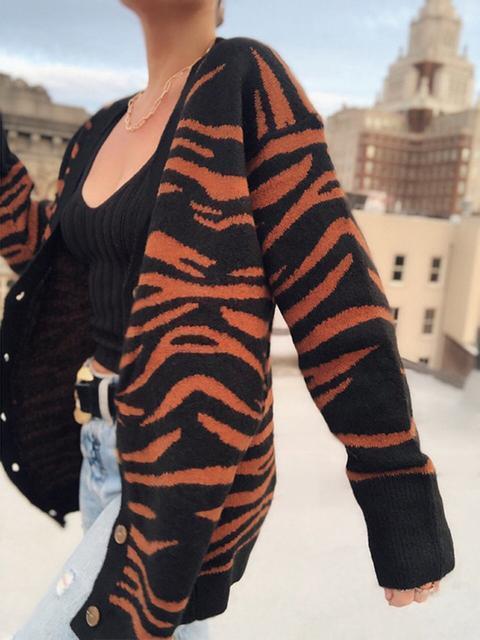 Zebra Pattern Button Knit Cardigan Coat-Pinkami