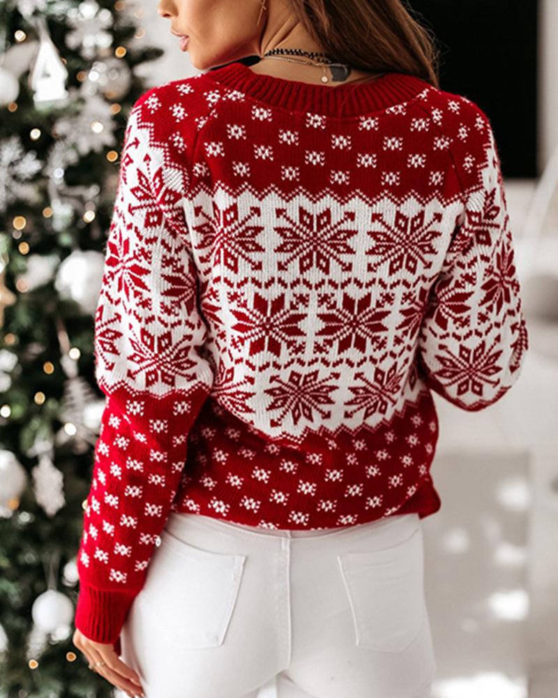Snowflake Print Rib-Knit Round Neck Sweater-Pinkami