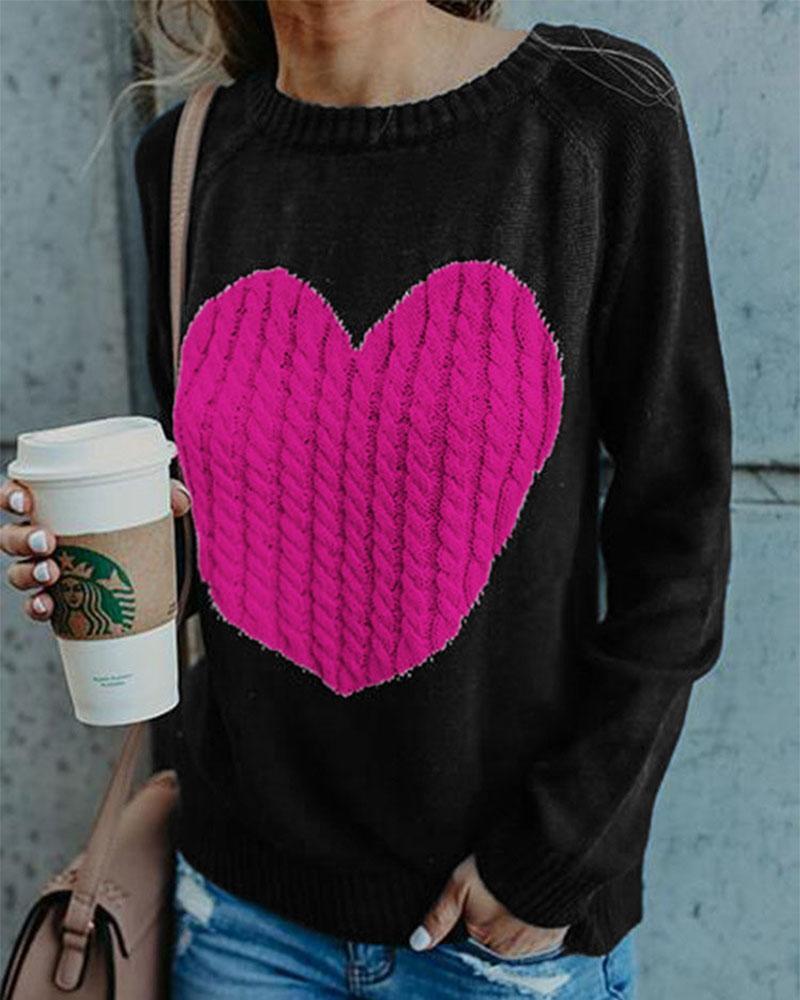 Colorblock Heart Pattern Chunky Knit Round Neck Sweater-Pinkami