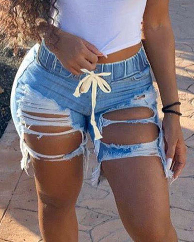Women Drawstring Waist Distressed Raw Hem Denim Shorts-Pinkami