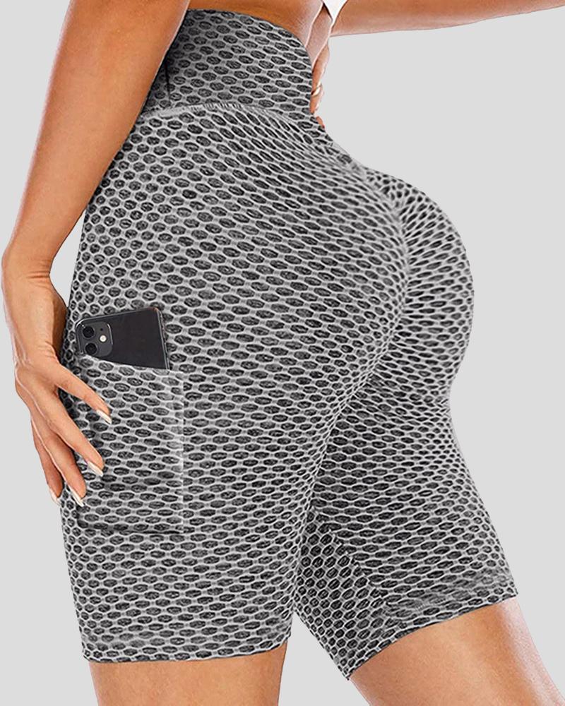 Solid Textured Pocket Decor Butt Lifting Sports Shorts-Pinkami