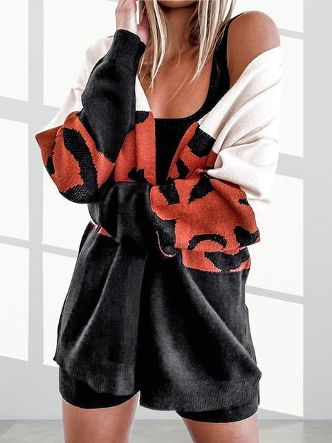 Contrasting Color Leopard Print Cardigan-Pinkami