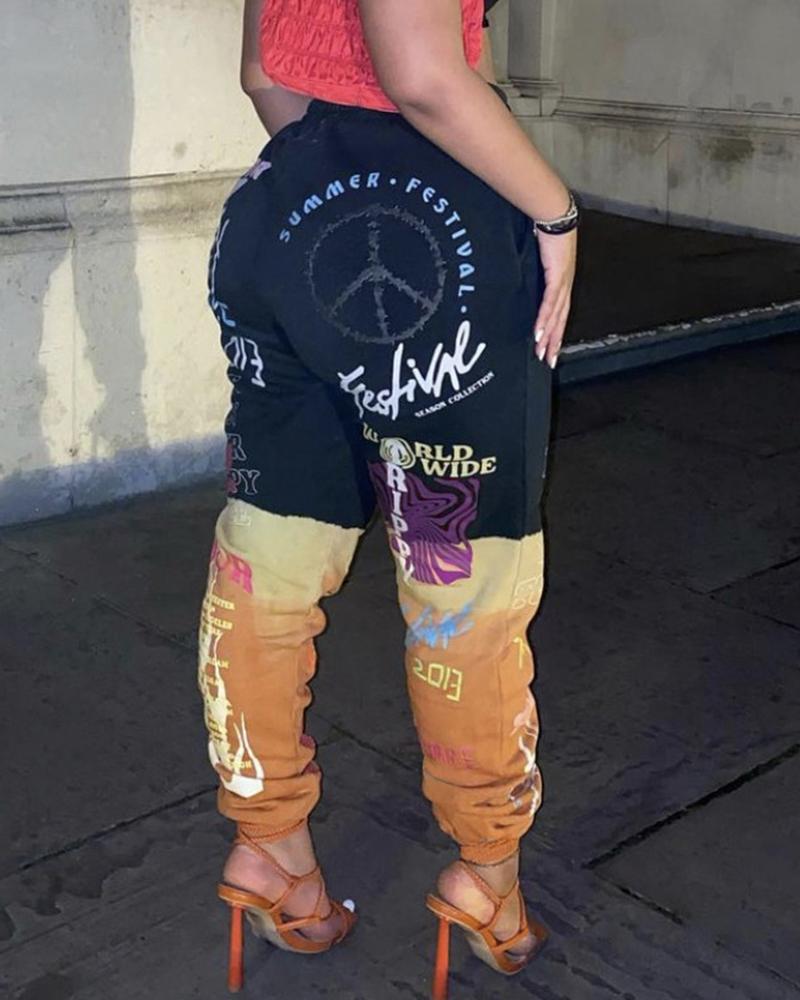 Colorblock & Graffiti Print Elastic Waist Pocket Detail Sports Pants For Women-Pinkami