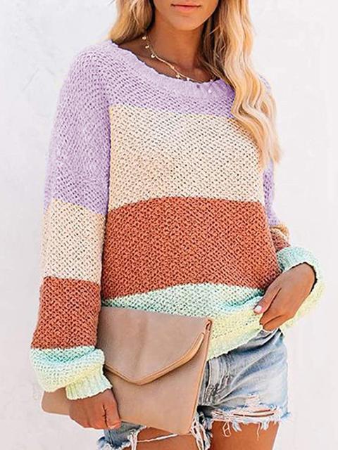 Color Block Off-shoulder Lightweight Sweater-Pinkami