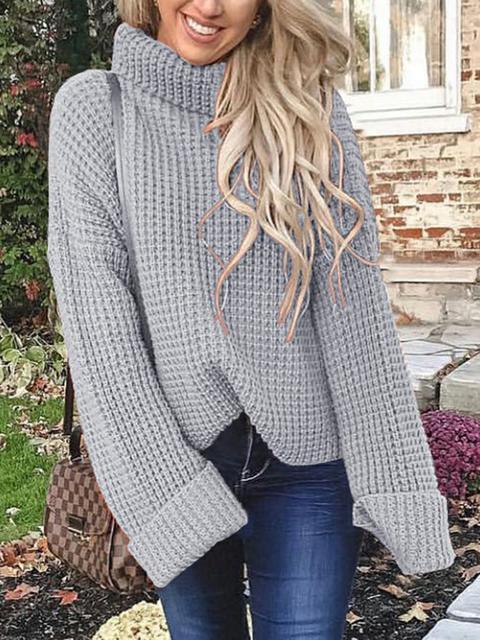 Casual Solid Color Knitted Turtleneck Sweater-Pinkami