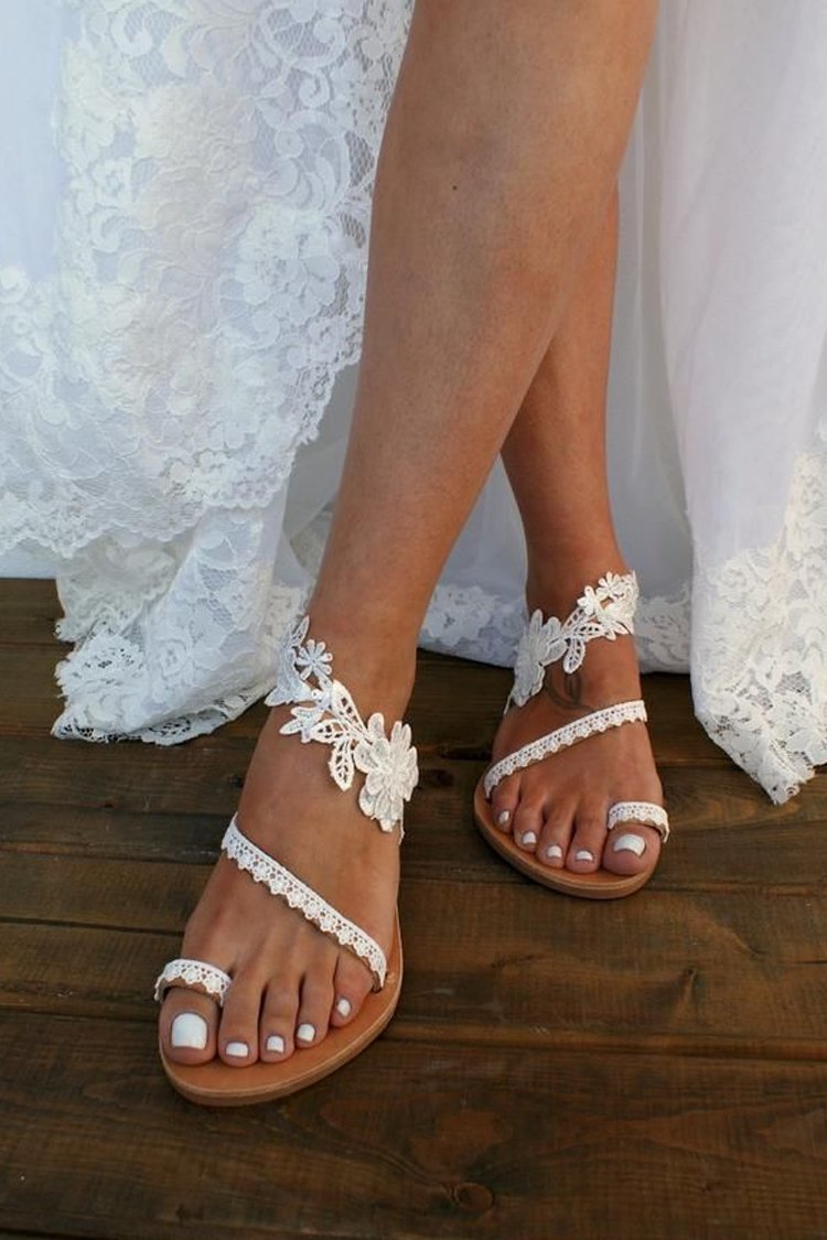 Lace Flower Applique Toe Ring Flat Sandals-Pinkami