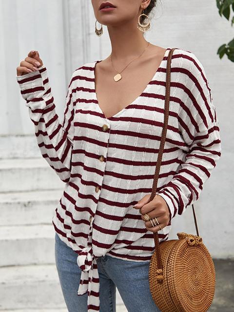 Striped Pattern Button Strap Knit Cardigan-Pinkami