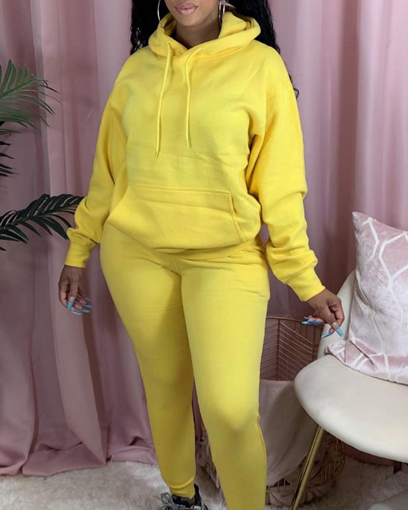 Solid Kangaroo Pocket Drawstring Hoodie & Pants Set-Pinkami