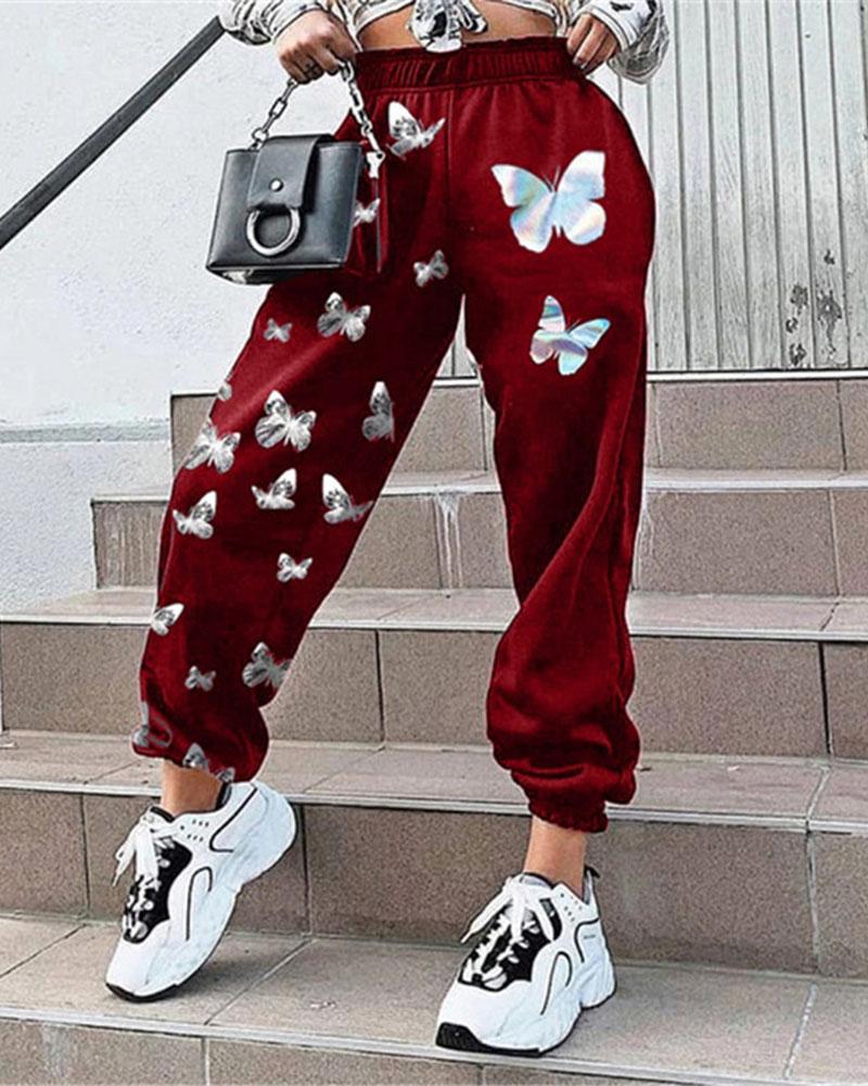 Butterfly Print High Waist Elastic Hem Sports Pants For Women-Pinkami