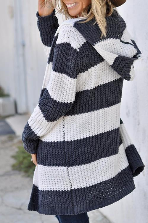 Simple Hooded Collar Striped Cardigan-Pinkami