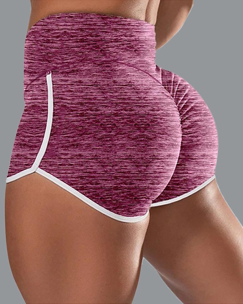 Space Dye Contrast Binding High Waist Ruched Shorts-Pinkami