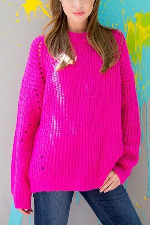 Round Neck Pullover Openwork Sweater-Pinkami