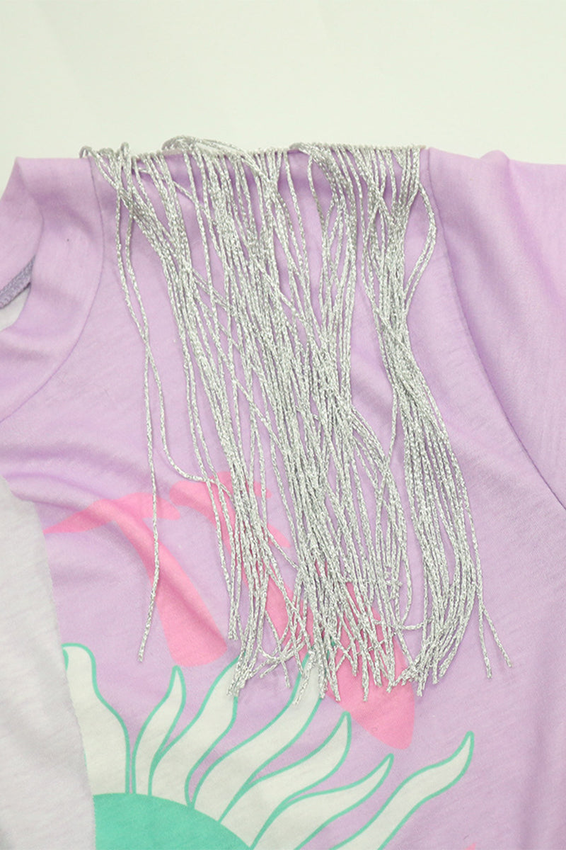 Letter & Graphic Print Split Side T-Shirt-Pinkami